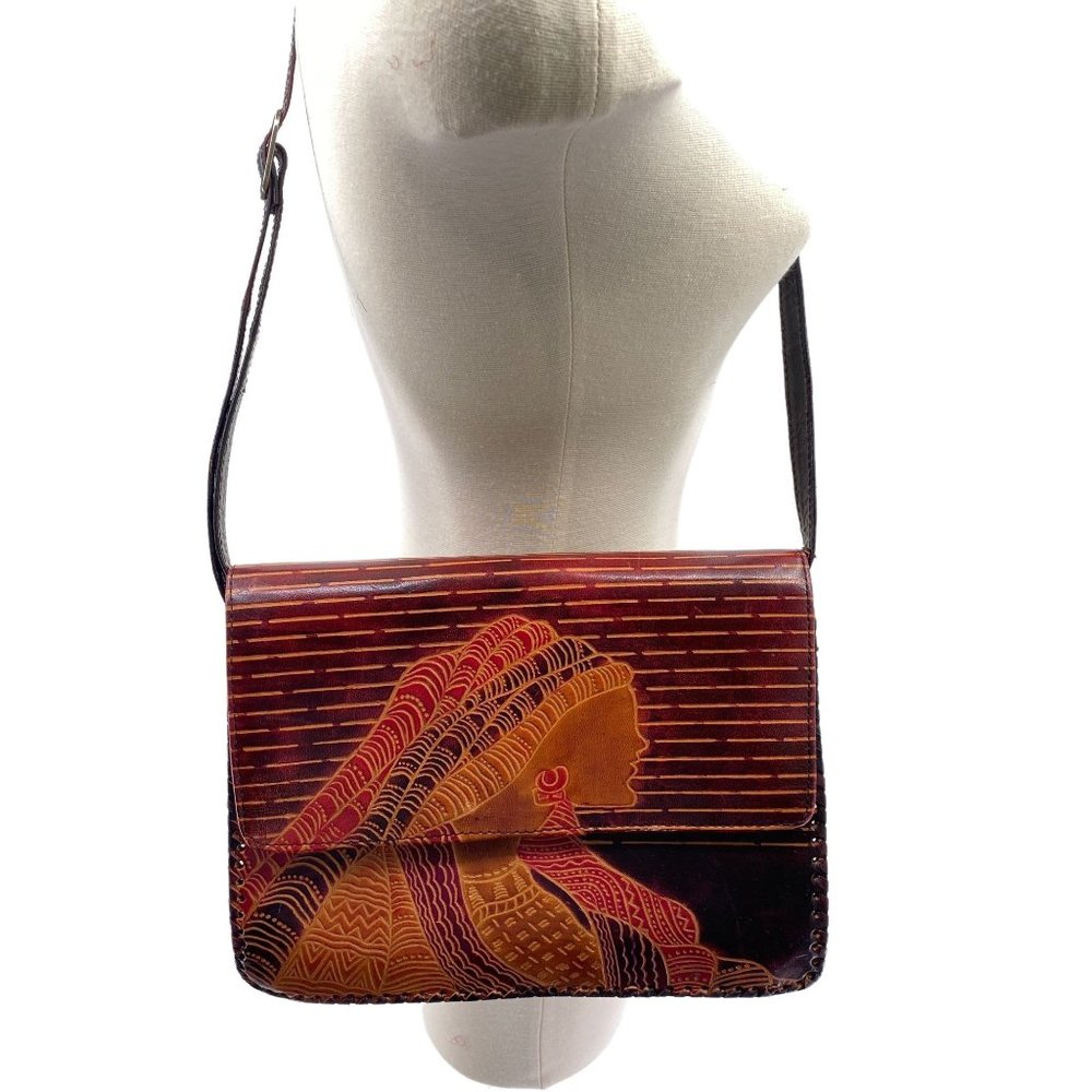 Vintage hand tooled leather African female braids ethnic purse India - Picture 12 of 13
